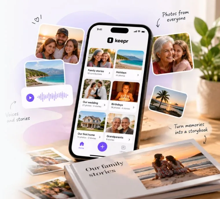 The Keepr app with family photos, a voice story and a printed storybook