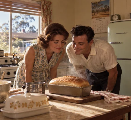 Rose and Walter leaning over a freshly baked loaf in a 1960s kitchen