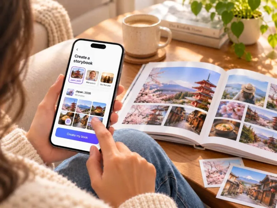 Choosing photos in the Keepr app beside a printed Japan travel storybook